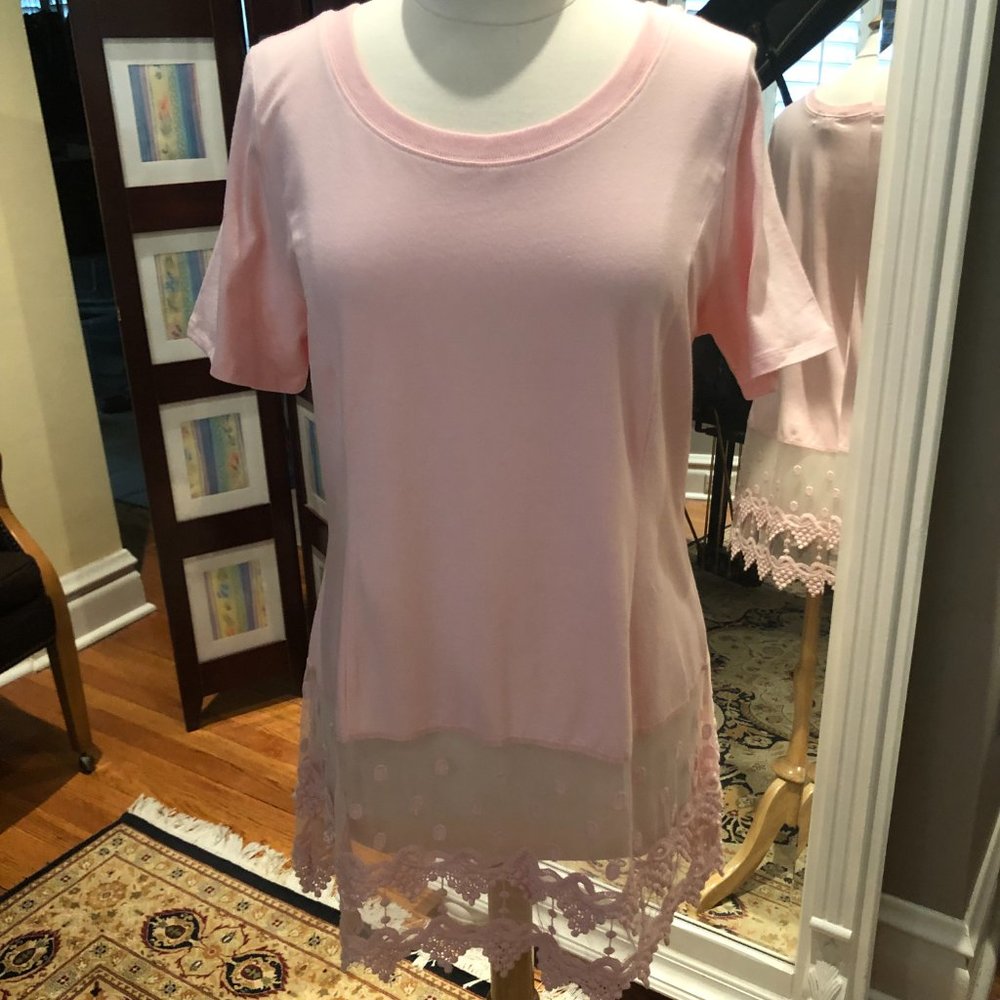 NWOT - Kathleen Kirkwood peach short-sleeve top with lace bottom